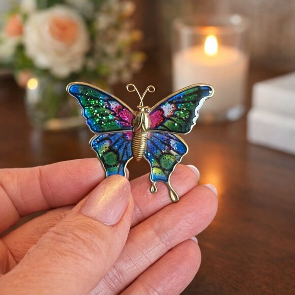 Vintage Jewelry - Vintage Enamel Butterfly Brooch Colorful Gold Tone Statement Pin